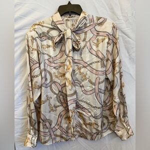 Vintage Evan Picone Cream Satin Tie-Neck Blouse with Pink & Gold Chain Print